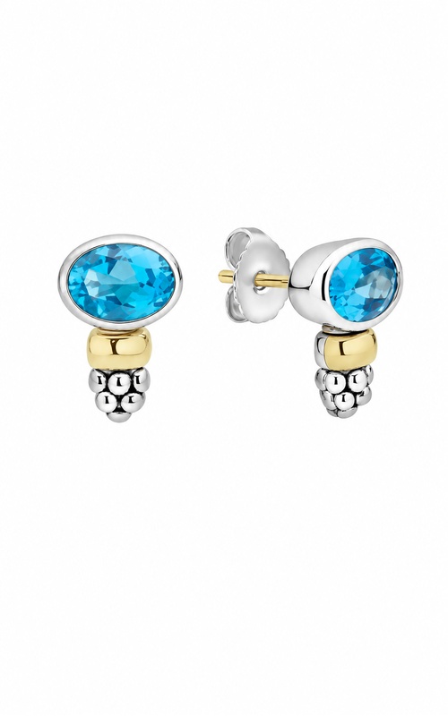 LAGOS Sterling Silver 14ky Signature Caviar 12x8 Two-Tone Swiss Blue Topaz Oval Stud Earrings 01-82235-B