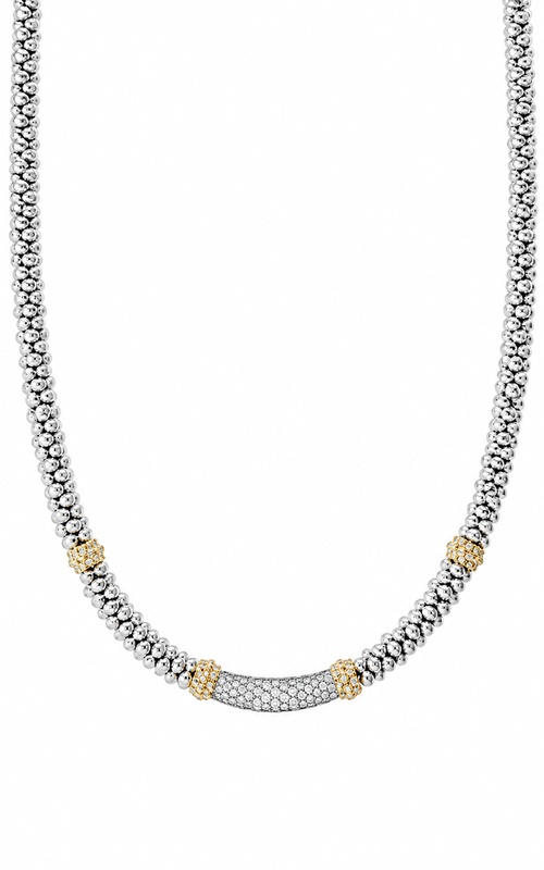 LAGOS Sterling Silver /18k Yellow Gold 16'' Caviar Luxury 26mm Center Stone 5mm Diamond Station Necklace 04-81031-DD16