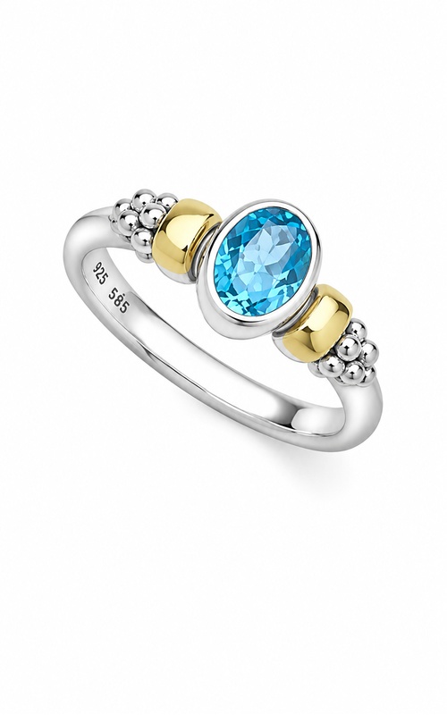 LAGOS Sterling Silver 14ky Signature Caviar 8x6 Two-Tone Swiss Blue Topaz Oval Ring 02-80848-B7