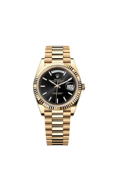 Pre-Owned Rolex 18k Yellow Gold 40mm Bright Black Diamond Set Dial Fluted Bezel and President Bracelet Watch 228238
