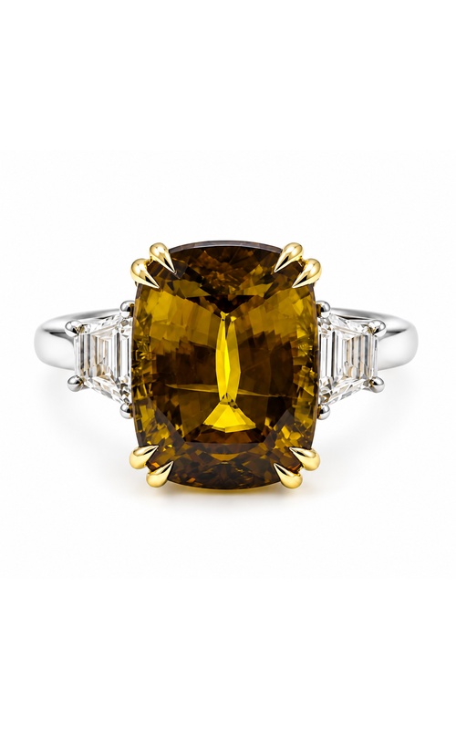 Ashley Lauren 18k White and Yellow 14.16ct Sphene Cushion and .98ctw Diamond Trapezoid Diamond Ring V182461 SPHENE