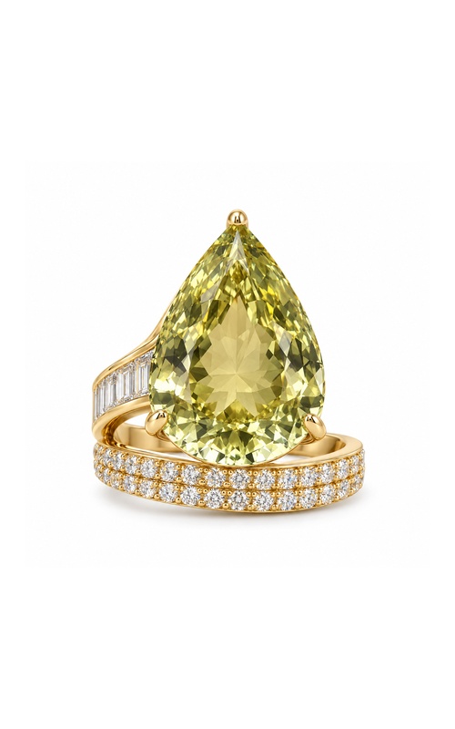 Ashley Lauren 18k Yellow Gold 10.90 Pearl Shaped Yellow Green Tourmaline and .45ctw Round .34ctw Baguette Diamond Ring R1982-18Y