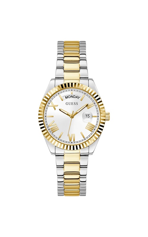 Guess Ladies' Luna Two Tone 36mm Day Date Silver Dial Watch GW0308L6