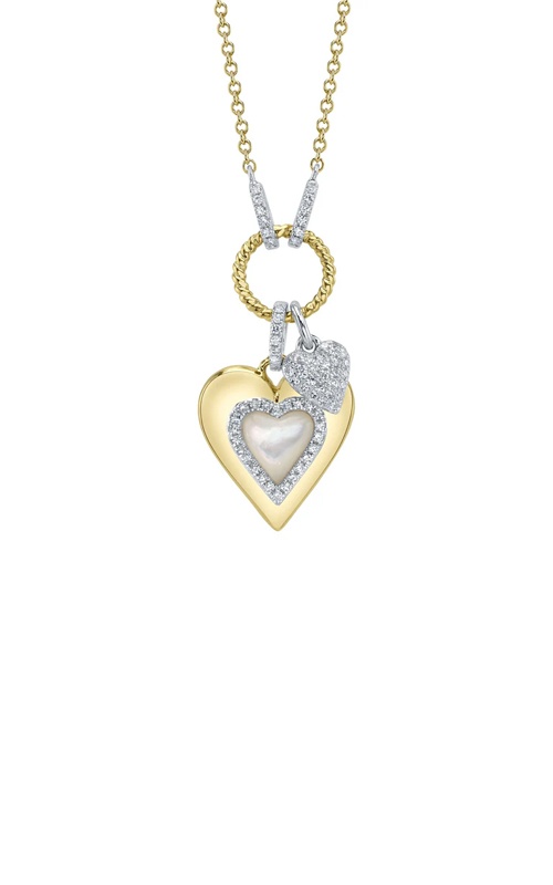 Shy Creation 14k Yellow and White Gold .15ct Round Pave Diamond .61ct Mother of Pearl Heart Necklace with 18'' Chain SC55028263