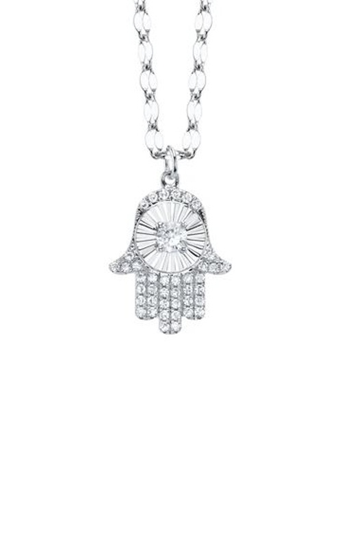 Shy Creation 14k White Gold .15ctw Round Diamond Pave Ribbed Hamsa with 18'' Sparkle Chain SC55028808