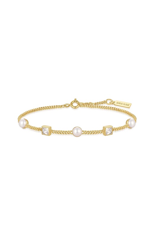 Ania Haie Sterling Silver 14K Yellow Gold Plated Bezel Set Cube and Pearl Station Bracelet  B069-02G