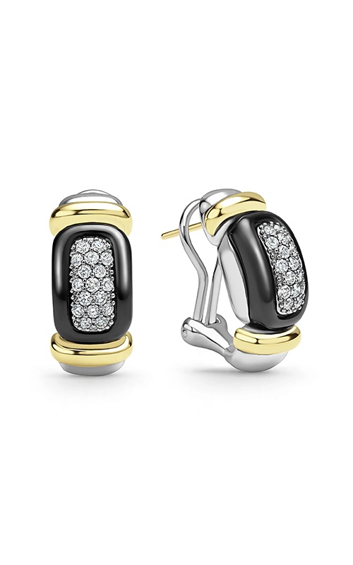 Lagos Sterling Silver 18K Yellow Gold Black Ceramic .64CTW Diamond Huggie Earrings 01-82160-CB
