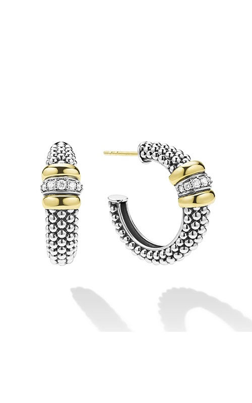 Lagos Sterling Silver 18K Yellow Gold Caviar Beaded .19CTW Diamond Hoop Earrings 01-82163-DD