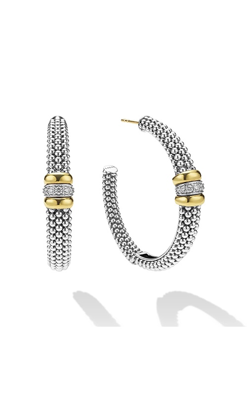 Lagos Sterling Silver 18K Yellow Gold Large Caviar Beaded .19CTW Diamond Hoop Earrings 01-82164-DD