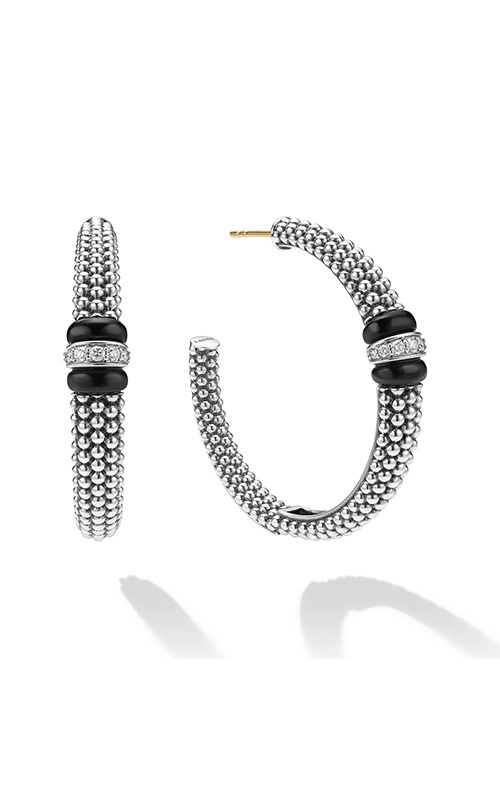 Lagos Sterling Silver Large Black Ceramic .19CTW Diamond Hoop Earrings 01-82165-CB