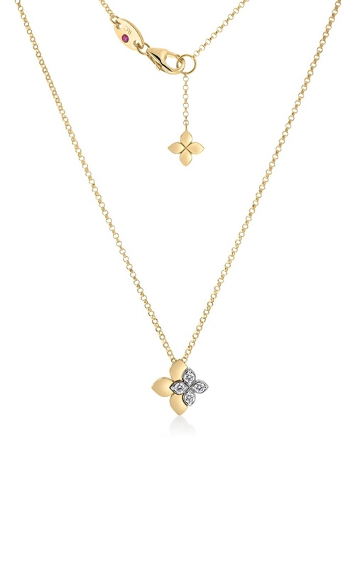 Roberto Coin 18K Yellow and White Gold Love In Verona East To West .09ctw Diamond Flower Necklace with 17'' Rolo Chain 8883696AJ17X