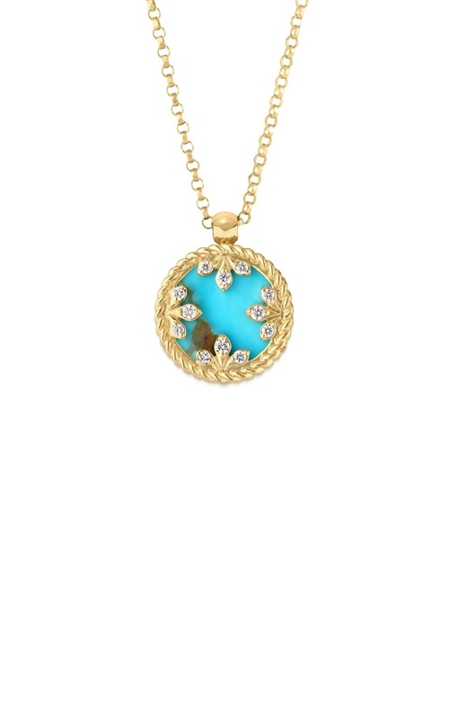 Roberto Coin 18k Yellow Gold Venetian Medallions .05ctw Diamond and 2ctw Turquoise Necklace with 17'' Diamond Cut Rolo Chain 8883531AY17XT