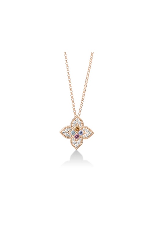 Roberto Coin 18k Rose Gold 10mm Venetian Princess .01ctw Blue Topaz, .01ct Citrine, .01ct Ruby, .01ct Tanzanite and .06ct Diamond Necklace with 17'' Rolo Chain 7773746AX17X