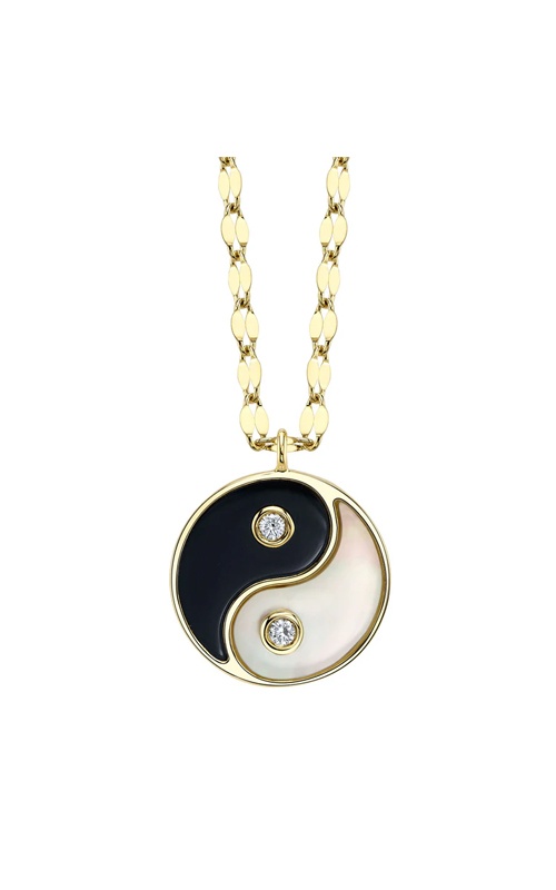 Shy Creation 14k Yellow Gold 1.37ct Onyx and Mother of Pearl .03ctw Diamond Yin and Yang Circle Necklace with 18'' Chain SC55029164