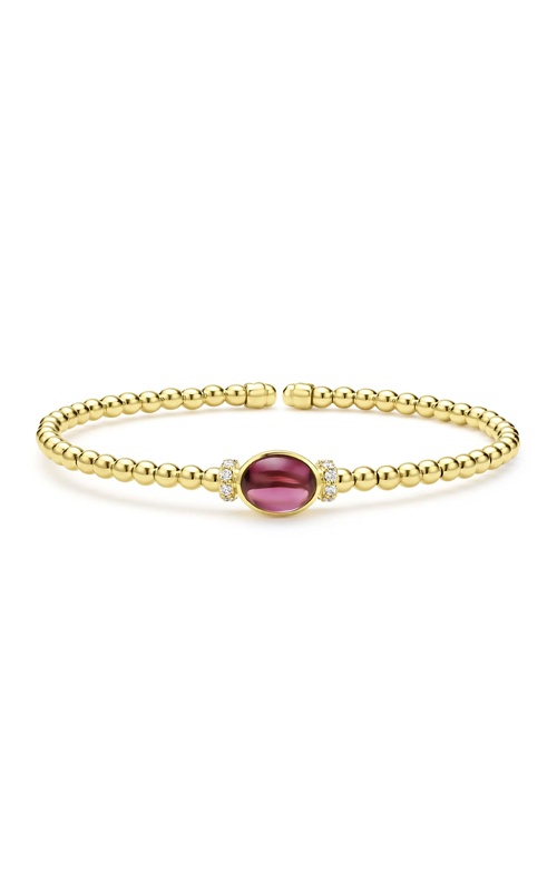 LAGOS 18k Yellow Gold 3mm Oval Rhodolite Garnet .08ctw Round Diamond Caviar Beaded Cuff Bracelet 05-10428-H7