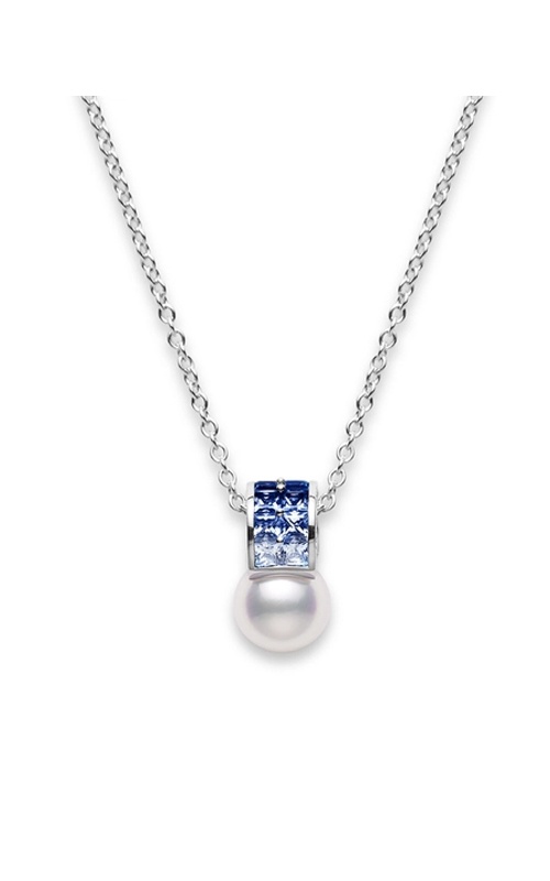 Mikimoto 18k White Gold Ocean Akoya 8mm Cultured Pearl and 1.25ctw Sapphire and .13ctw Diamond Necklace PPA90160S W