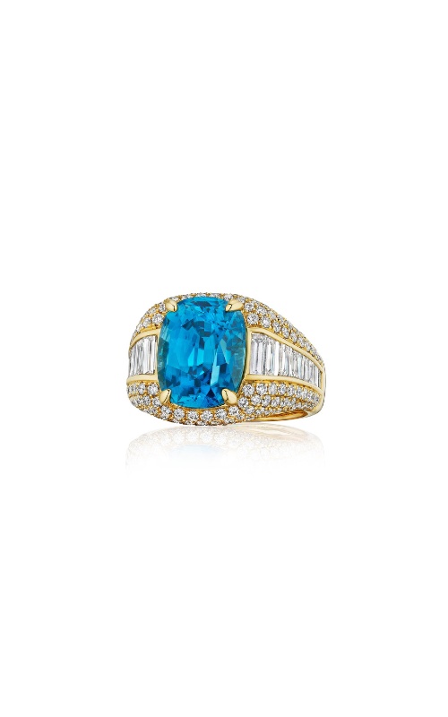 Ashley Lauren 14k Yellow Gold 10.34 Carat Blue Zircon Cushion 1.74 Carat tw Round & 1.31 Carat tw Baguette Diamond Ring