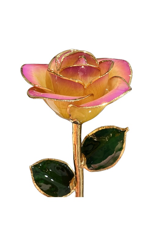 Albert's Lacquer Dipped Gold Trimmed Yellow Purple Gradient Rose With Box and Stand DY-5B-A-AU-39