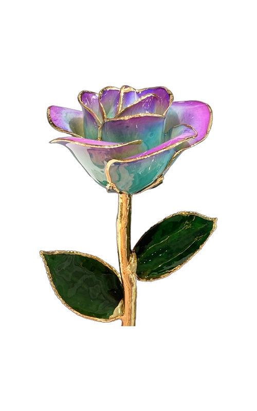 Albert's Lacquer Dipped Gold Trimmed Blue Purple Gradient Rose With Box and Stand DY-5B-A-AU-40