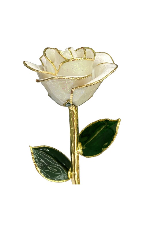 Albert's Lacquer Dipped Gold Trimmed Crystal White Rose With Box and Stand DY-5B-A-AU-68
