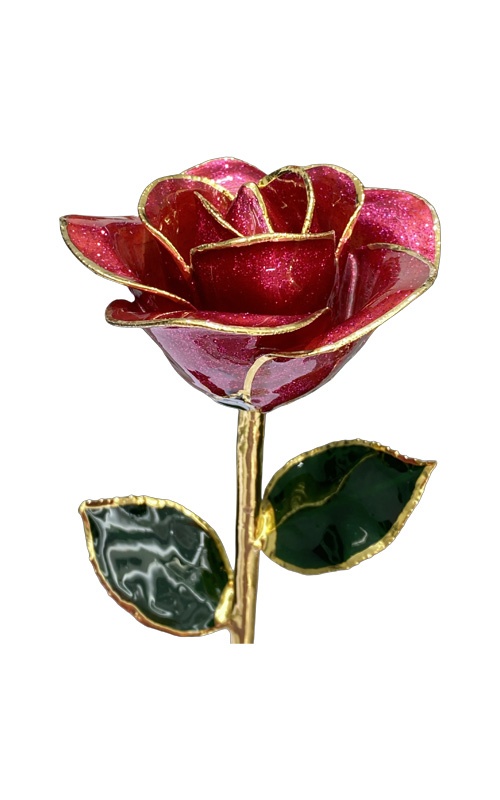 Albert's Lacquer Dipped Gold Trimmed Burgundy Starburst Rose With Box and Stand DY-5B-A-AU-75