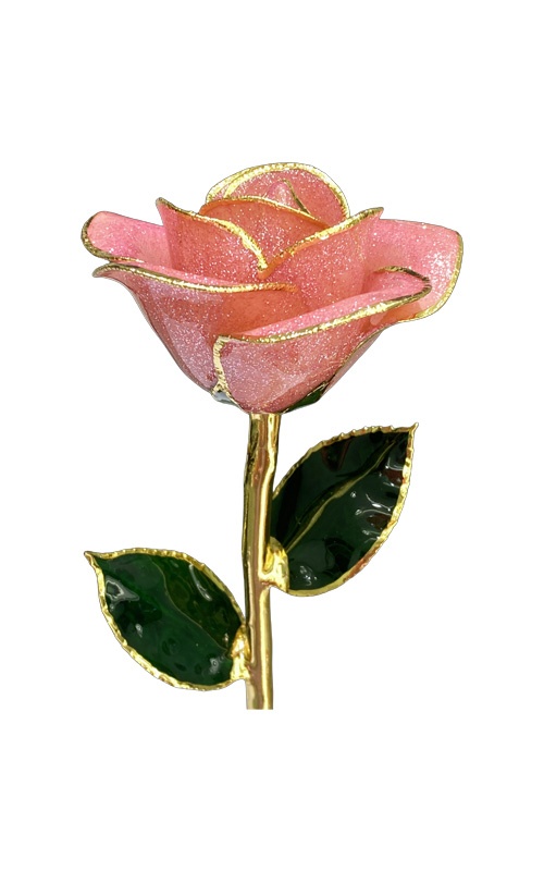 Albert's Lacquer Dipped Gold Trimmed Pink Starburst Rose With Box and Stand DY-5B-A-AU-80