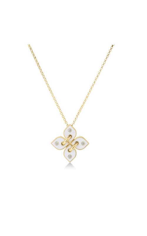 Roberto Coin 18k Yellow Gold 17'' .10ctw Filo White Enamel Diamond Flower Necklace 8883748AY17XW