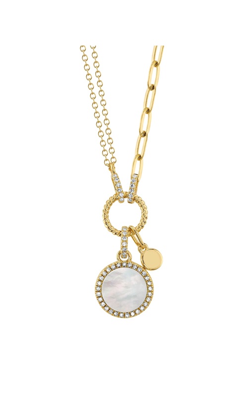 Shy Creation 14k Yellow Gold .57ct Mother of Pearl Circle and .13ctw Diamond Paperclip Link Necklace SC55024107