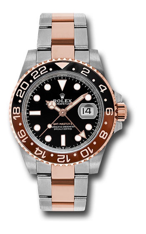 Rolex Oyster Perpetual GMT Master II, OysterSteel and Everose Gold 40mm case size, Oyster Bracelet, Black Dial, Everose Gold bidirectional rotatable 24-hour graduated bezel with brown and black Cerachrom insert and engraved numerals, Original Card and Gen