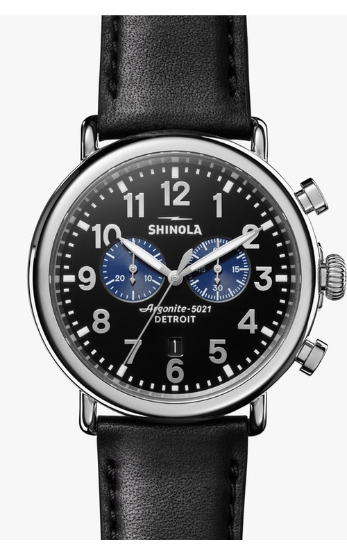 Shinola Watch, Featuring A Black Glossy Dial, Silver Numbers, Within A 47MM Stainless Steel Case, A Double Curved Sapphire Crystal, Argonite Chronograph Movement, The Signature Iconic Case Is Laser Etched With A Screw down Crown. Water Resistant 10 ATM. T