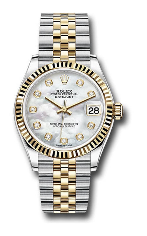 Oyster Perpetual Rolex Datejust, 31mm size, Stainless Steel and 18 karat Yellow Gold, Fluted Bezel, Jubilee Bracelet, Mother of Pearl Diamond Dial, Original Box and Papers Model #278273