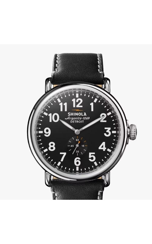 Shinola Watch, Featuring A Black Dial, White Numbers, Super-LumiNova Hands Orange Accents, Date Function, Within A 47MM Stainless Steel Case, A Double Curved Sapphire Crystal, Argonite Swiss Movement, The Signature Iconic Case Is Laser Etched With The Se