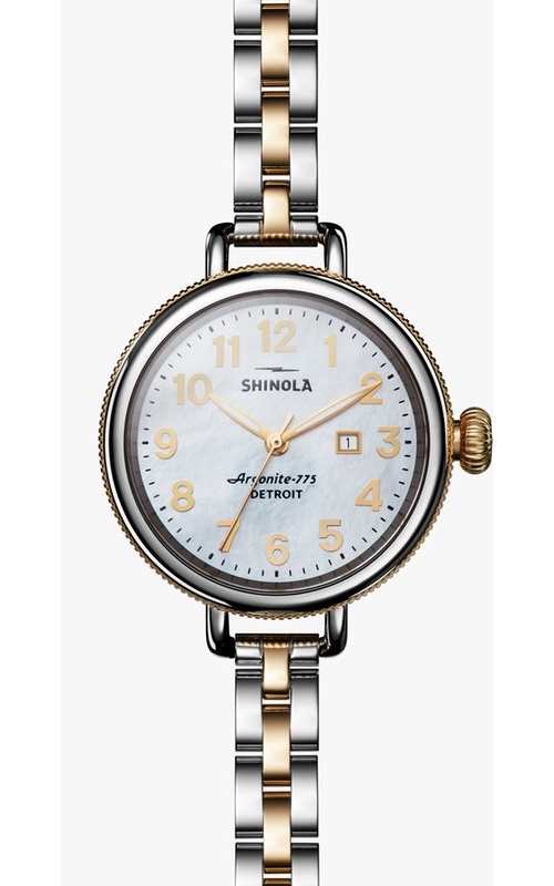 Shinola Watch, Featuring A Mother Of Pearl Dial, High Polish Yellow Numbers, Super-Luminova Hands, Date Function, Within A 34Mm Stainless Steel Case, A Double Curved Sapphire Crystal, Argonite Swiss Movement, The Signature Iconic Case Is Laser Etched Wit