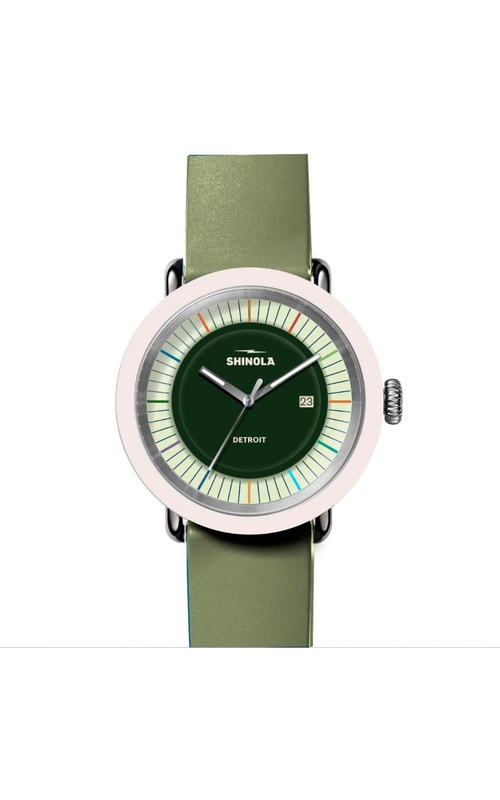 Shinola Runwell Detrola 3HD Watch With A 41mm Deep Olive Dial, White Hands And Multi-Color Stick Number Markers, Date Display And Light Olive Rubber Strap With Orange Detailing on the Edges. S01 014 00156
