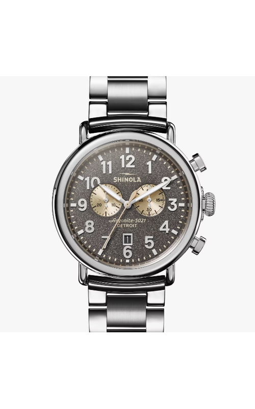 Shinola 47Mm Runwell Chronograph With A Cool Gray Dial, Date Display And Silver Bracelet, With Brushed Finish Along The Center Links, With Double Fold Closure Serial #S01 008 03571