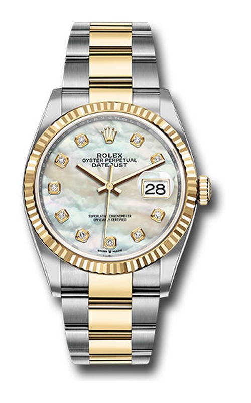 Oyster Perpetual Rolex Datejust, Stainless Steel and 18 karat Yellow Gold, 36mm case size, Yellow Gold Fluted Bezel, Mother of Pearl Diamond Dial, Oyster Bracelet, Original Rolex Box Model #116233
