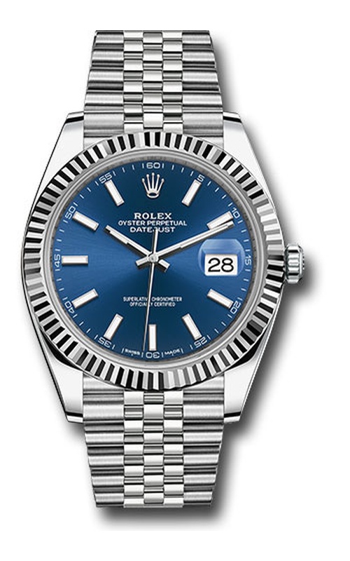 Oyster Perpetual Rolex Datejust, 41mm case size, Stainless Steel, 18 karat White Gold Fluted Bezel, Jubliee Bracelet, Blue Index Dial, Original Box and Papers Model #126334