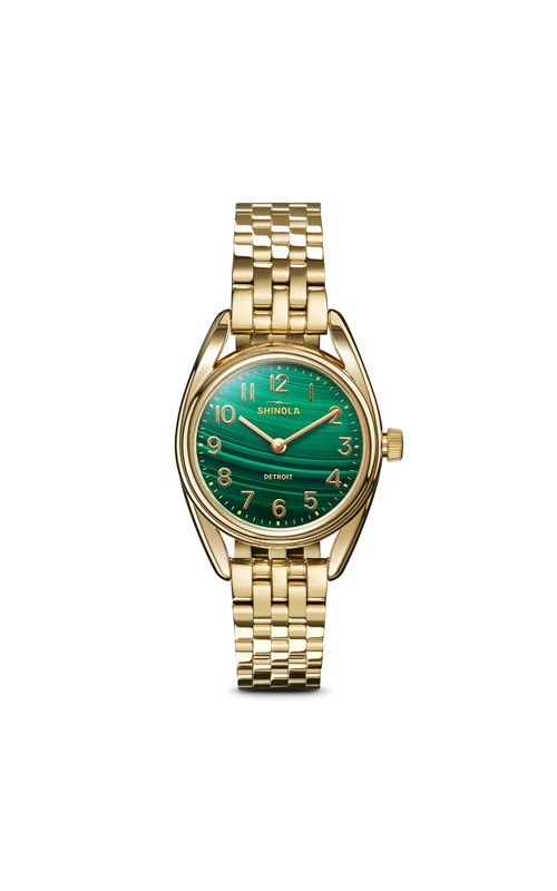 Shinola 30.5mm Stainless Steel with Gold Overlay, Derby 2H, With Malachite Dial with Arabic Markers, Five Row Link Bracelt with Deployment Clasp.