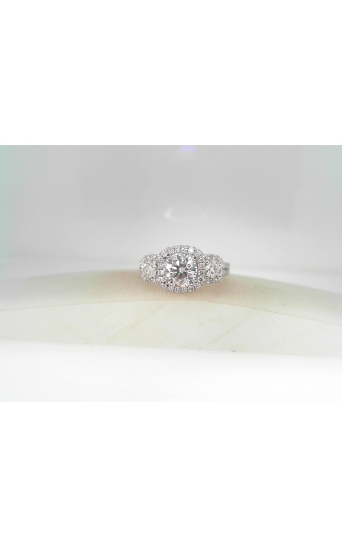 14K White Gold Three Stone, Halo and Diamond Engagement Ring