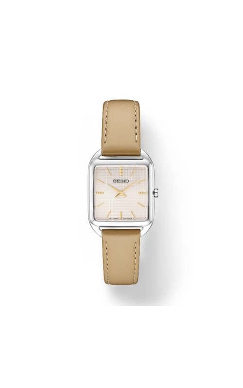 Seiko Stainless Steel Square Light Pink Dial With Yellow Metal Hands And Light Tan Leather Strap