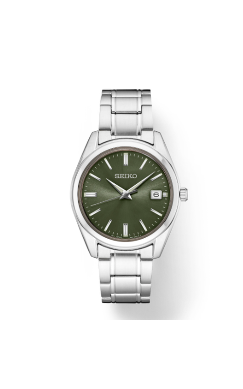 Seiko Essentials Collection Olive Green Sunray Dial. Date Calendar, Screwdown Caseback, Tri-Fold Push Button Release Clasp
