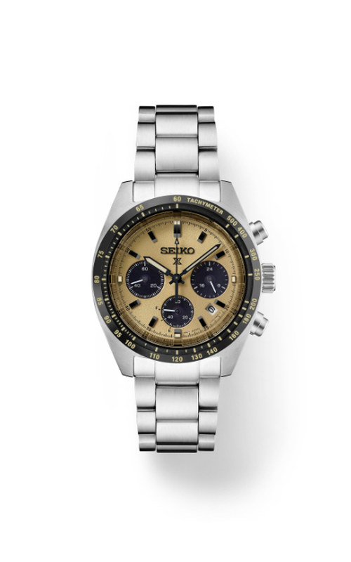 Seiko Prospex Speedtimer Solar Chronograph, Powered By Light Energy - No Battery Change Required, Yellow Dial With Sand-Blasted Texture And Black Subdials, Date Calendar, 24-Hour Subdial, Beig, Lumibrite Hands And Markers, Curved Sapphire Crystal With Ant