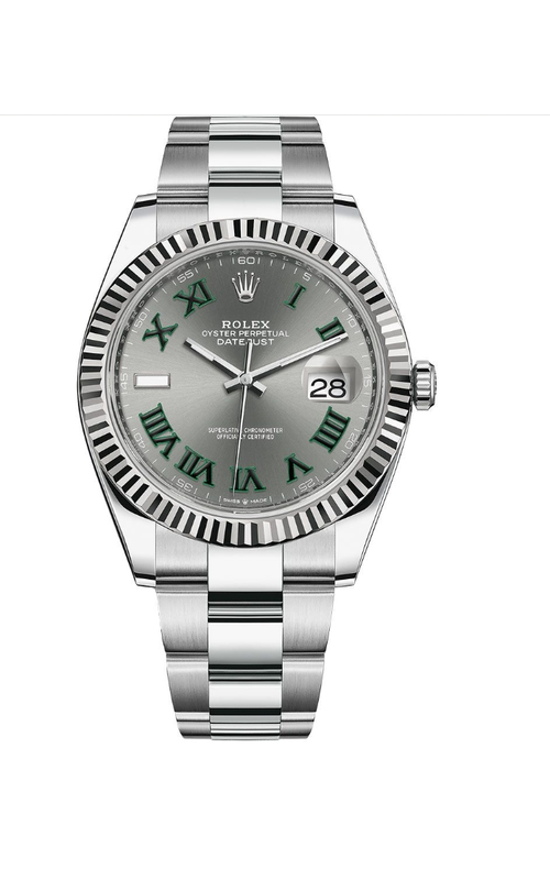 Oyster Perpetual Rolex Datejust, Stainless Steel, 41mm case size, Oyster Bracelet, 18 karat White Gold Fluted Bezel, Slate 'Wimbledon' Dial, Original Box and Papers Model #126334