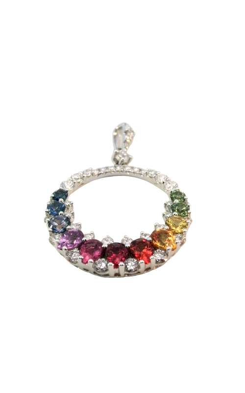 18K White Gold Circle, Gemstone and Pendant Necklace