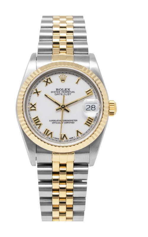 Oyster Perpetual Rolex Datejust, 31mm case size, Stainless Steel and 18 karat Yellow Gold, Jubilee Bracelet, Fluted Bezel, White Roman Numeral Dial, Original Rolex Box and Papers Model #68273