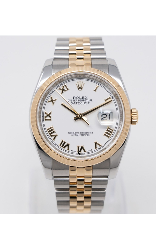Oyster Perpetual Rolex Datejust, 36mm case size, Stainless Steel and 18 karat Yellow Gold, Jubilee Bracelet, Fluted Bezel, White Roman Numeral Dial, Original Box and Papers Model #116233