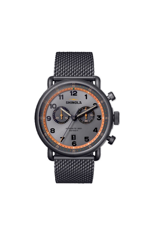 Shinola CanField C56 PVD Gunmetal, 43mm Watch With Cool Gray Sunray Dial. The Dial Has Two Sub-Dials, Silver Lumen Hands, Brushed Arabic Markers And Date Display. The Matte Finish Mesh and Brick Link Bracelet has a Double Deployment Clasp. S01 014 00 202
