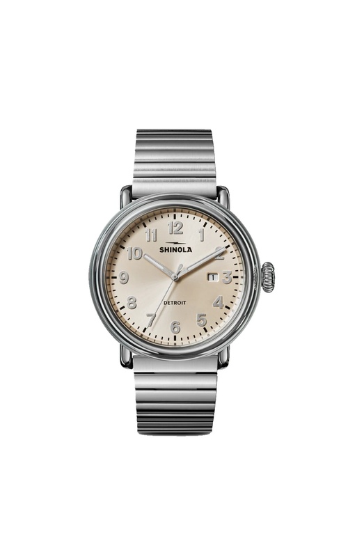 Shinola Detrola 3Hd 41Mm Watch With Vapor Gold Sunray Dial, Tr90 Case, Link Bracelet. The Dial Has Silver Lumen Hands, Brushed Arabic Markers And Date Display. The Satin Finish Brick Link Bracelet has a Deployment Clasp. S01 014 00384
