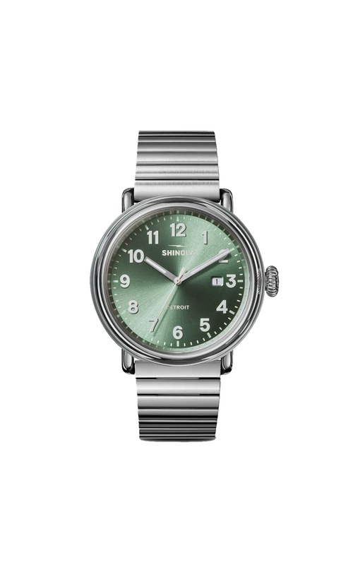 Shinola Detrola 3Hd 41Mm Watch With Cypress Green Sunray Dial, Tr90 Case, Link Bracelet. The Dial Has Silver Lumen Hands, Brushed Arabic Markers And Date Display. The Satin Finish Brick Link Bracelet has a Deployment Clasp. S01 014 00314