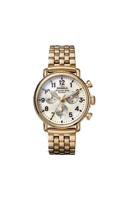Shinola 37mm Runwell Chronograph Watch With A White Mother of Dial, Yellow Hands, Date Display, Three Sub-Dials And Five Link Metal Bracelet With a Double Deployment Clasp. S01 014 00205